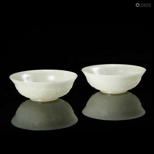 CHINESE WHITE JADE MUGHAL STYLE BOWLS, PAIR