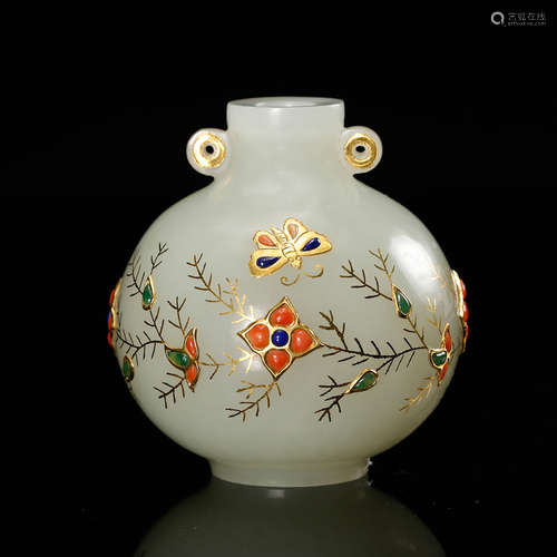 CHINESE WHITE JADE SNUFF BOTTLE WITH INLAID