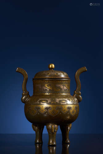 A Teadust-Glazed Tripot Censer Decorated with Gold & Silver Painting. 
QianLong Period, Qing Dynasty.