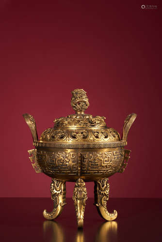 A Gilt-Bronze 'Dragon' Tripot Censer.
QianLong Period, Qing Dynasty.