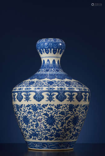 A Blue & White ’LOTUS SCROLL’ Vase, Zun. 
QianLong Period, Qing Dynasty.