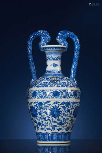 A Blue & White ’LOTUS SCROLL’ Twin-Dragon Handled Vase, Zun. 
QianLong Period, Qing Dynasty.