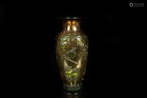 GLASS CARVED 'AUSPICIOUS ITEMS' BOTTLE VASE