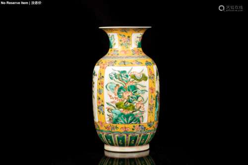 FAMILLE ROSE AND YELLOW GROUND OPEN MEDALLION 'FLOWERS AND BIRDS' VASE
