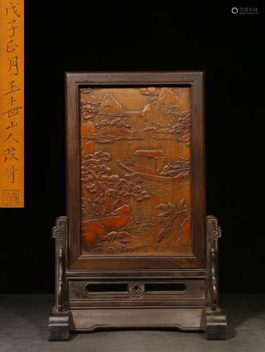 BAMBOO DOUBLE SIDE CARVED 'LANDSCAPE SCENERY' TABLE SCREEN