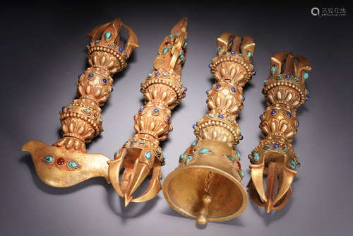 GROUP OF FOUR GILT BRONZE CAST AND ORNATE RITUAL IMPLEMENTS