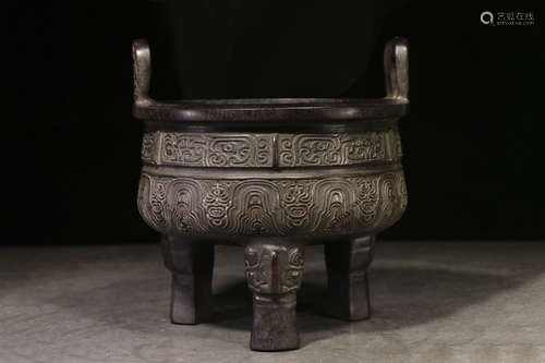 ZITAN WOOD CARVED TRIPOD CENSER WITH ARCHAIC PATTERNS