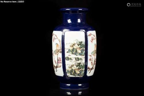 FAMILLE ROSE AND BLUE GROUND OPEN MEDALLION 'FLOWERS AND BIRDS' VASE