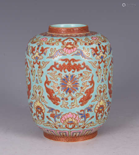 FAMILLE ROSE AND TURQUOISE GROUND 'FLOWERS' JAR