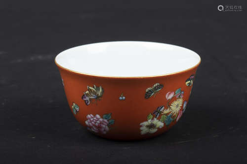 FAMILLE ROSE AND BROWN GROUND 'FLOWERS AND BUTTERFLIES' BOWL