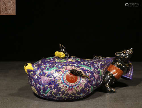 YIXING ZISHA AND ENAMELED 'FLOWERS AND MOUSE' TEAPOT