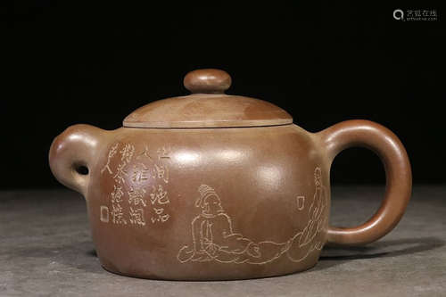 YIXING ZISHA INCISED BULBOUS TEAPOT