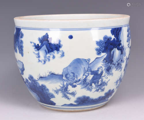 BLUE AND WHITE 'WATER BUFFALO AND SHEPHERD' JARDINIERE