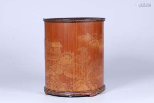 BAMBOO CARVED 'LANDSCAPE SCENERY' BRUSHPOT