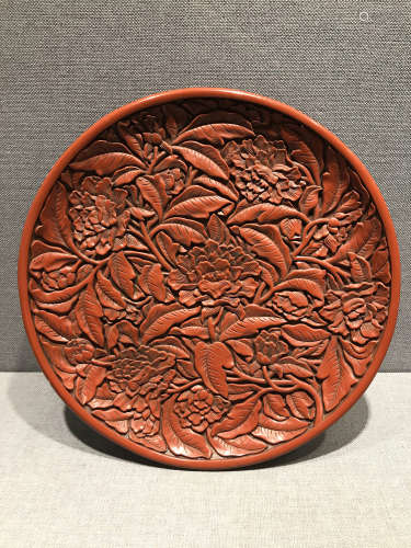 CINNABAR LACQUER CARVED 'PEONY FLOWERS' LARGE DISH