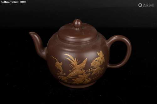 YIXING ZISHA GILT 'FLOWERS AND BIRDS' TEAPOT