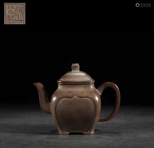 YIXING ZISHA CARVED ROUNDED RECTANGULAR TEAPOT