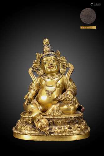 GILT BRONZE CAST YELLO JAMBHALA SEATED FIGURE