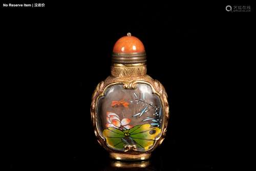 A BRONZE WITH GLASS-PANEL SNUFF BOTTLE