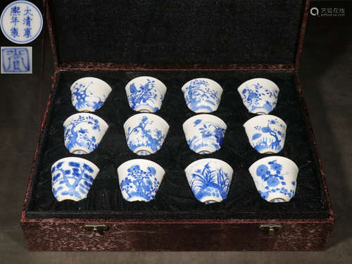 SET OF TWELVE BLUE AND WHITE 'FLOWERS' TEA CUPS