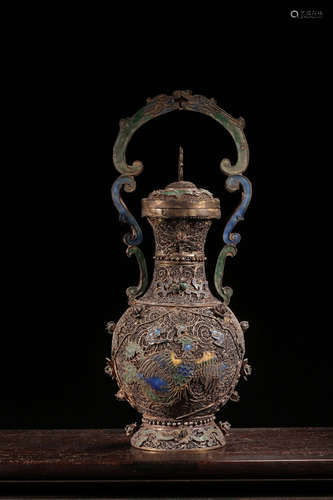 SILVER FILIGREE AND GILT 'PHOENIX' VASE WITH LID