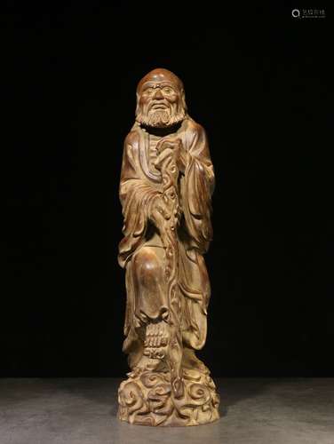 HUANGYANGMU WOOD CARVED 'BODHIDHARMA' STANDING FIGURE