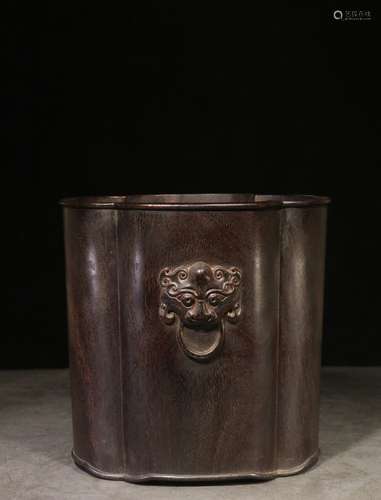 ZITAN WOOD CARVED AND LOBED BRUSH POT WITH LION MASKS