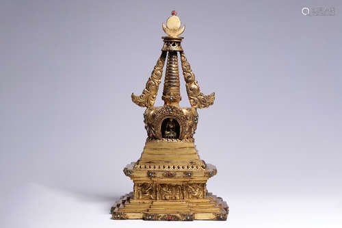 GILT BRONZE CAST TIBETAN PAGODA WITH BUDDHA CACHE