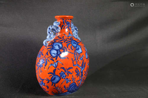 BLUE AND WHITE RED GROUND MOON FLASK WITH HANDLES