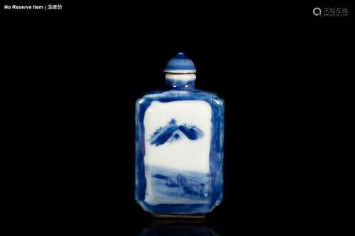 A BLUE AND WHITE MOLDED 'LANDSCAPE' PORCELAIN SNUFF BOTTLE