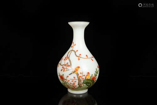 WHITE GLASS 'FLOWERS AND BIRDS' VASE