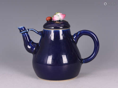 MONOCHROME BLUE GLAZED TEAPOT WITH PEACH SHAPED FINIAL