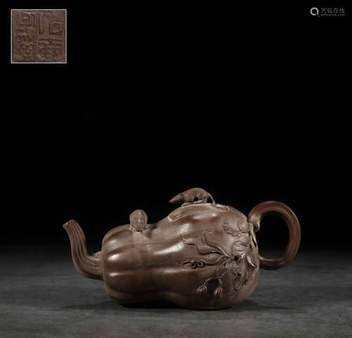 YIXING ZISHA STONE CARVED 'MICE AND PUMPKIN' TEAPOT