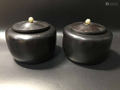 PAIR OF ZITAN WOOD CARVED WEIQI JARS