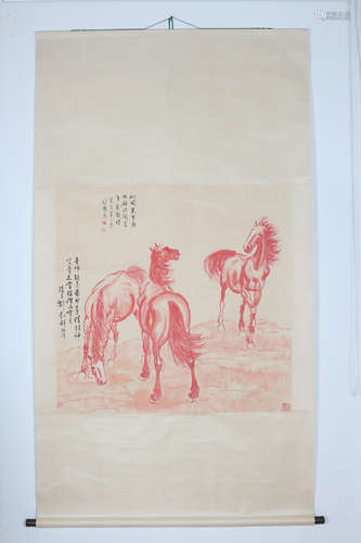 XU BEIHONG: RED INK ON PAPER PAINTING 'HORSES'