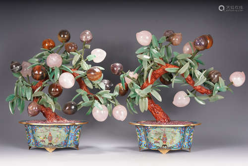 PAIR OF CLOISONNE ENAMELED PLANTERS WITH SEMI-PRECIOUS GEMS CARVED FRUITS