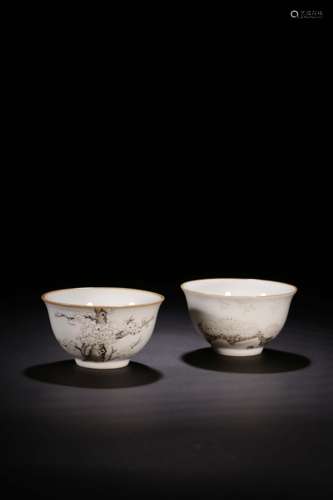 PAIR OF GRISAILLE PAINTED 'FLOWERS' CUPS