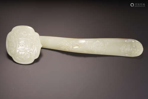 WHITE JADE CARVED 'FU LU SHOU' RUYI SCEPTER