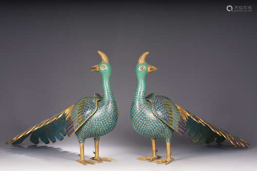 PAIR OF CLOISONNE ENAMELED PEACOCK FIGURES