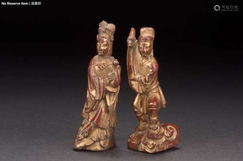 TWO CHINESE GILT WOOD CARVED FIGURES