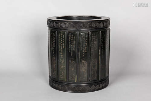 LARGE ZITAN WOOD BRUSH POT INLAID WITH JADE PANELS