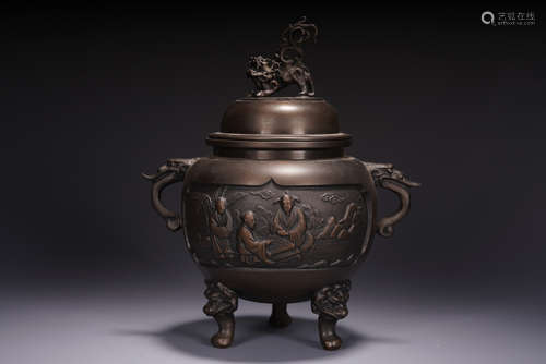 BRONZE CAST 'SCHOLARS' TRIPOD CENSER WITH MYTHICAL BEAST LEGS, FINIAL, AND HANDLES