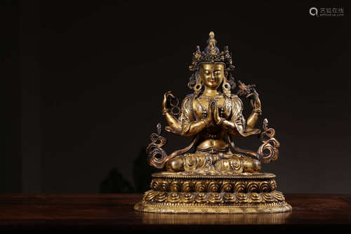 GILT BRONZE CAST FOUR-ARM AVALOKITESHVARA SEATED FIGURE