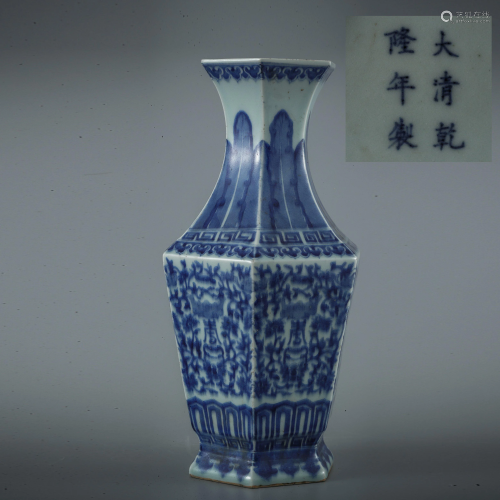 Qing blue and white flower six square vase