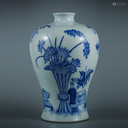 Qing blue and white plum vase with ancient flowers
