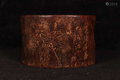 A Chinese Red Sandalwood Inscribed Brush Pot