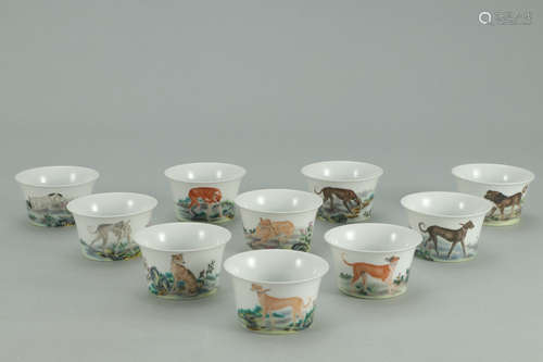 A set of Chinese Enamel Dog painted Porcelain Cups