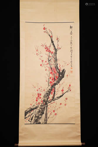 A Chinese Flowers Painting Scroll, Li Keran Mark