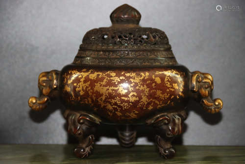 A Chinese Gilded Red Copper Incense Burner