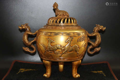 A Chinese Gilded Red Copper Incense Burner